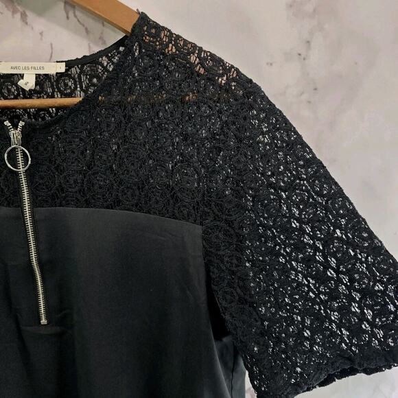 Avec Les Filles Dress Womens Large Black Lace Circle Front Zip V Mini Shift - Picture 9 of 12